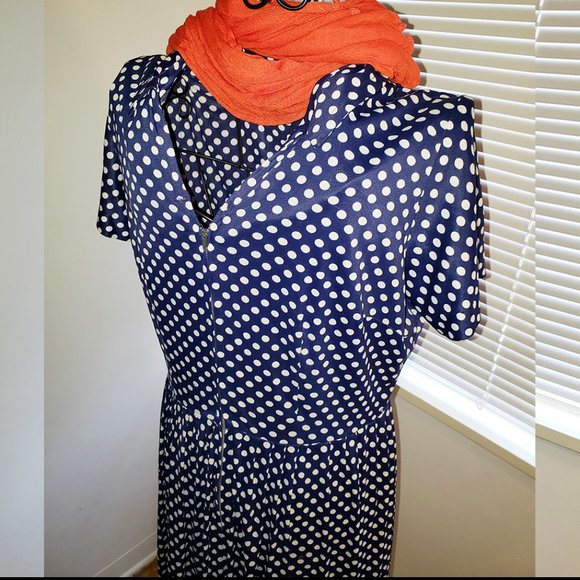 SOLD Vtg 60's Navy & White Housewife Polka Dot Front Zip Knee Length Dress S - Picture 4 of 12